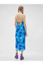 Çiçekli Yırtmaçlı Midi Elbise Arkası Çapraz İnce Askılı Düz Yaka
