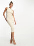 Sixth June knitted cut out twist midi dress in beige