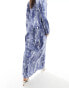 Vero Moda satin ruched front maxi skirt co-ord in blue crinkle print