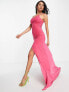 Femme Luxe asymmetric one strap maxi dress with train and thigh spilt in pink