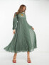 Фото #1 товара Вечернее платье ASOS – Плиссированное миди в хаки с кружевным вставкой и вышивкой.