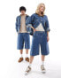 Reclaimed Vintage unisex western longer length denim jorts with embroidery in blue wash