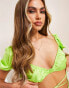 Фото #1 товара ASOS DESIGN co-ord satin crop top with puff sleeves and tie in lime green