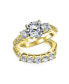 ფოტო #1 პროდუქტის Cubic Zirconia 3CT Brilliant Cut Round Solitaire Three Stone Past Present Future Side Stones CZ Engagement Ring Set Band Gold Plated Sterling Silver