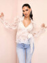 Фото #1 товара ASOS LUXE sheer organza floral wrap blouse with tie detail in white