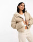 ASOS DESIGN cropped puffer jacket with hood in putty