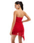 Missyempire exclusive mesh bandeau asymmetric ruffle hem with corsage mini dress in red