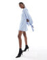 Фото #1 товара Extro & Vert textured balloon sleeve wrap mini dress in blue chambray stripe