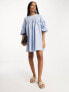 ASOS DESIGN cotton pintuck puff sleeve mini smock dress in blue