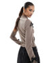 Фото #7 товара Fashionkilla ribbed zip through contrast bow detail jumper in mocha