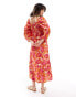 JDY bell sleeve maxi dress with front split in pink floral