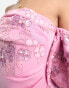 Фото #4 товара ASOS DESIGN Petite bardot puff sleeve midi dress with floral sequin embellishment in pink