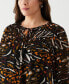 ფოტო #4 პროდუქტის Plus Size Animal Print Smocked Split Neck Long Sleeve Blouse