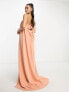 ASOS DESIGN premium bardot cape detail maxi dress in camel