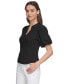 Фото #3 товара Women's Puff-Sleeve Ribbed Henley Shirt