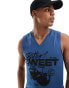 Фото #1 товара ASOS DESIGN muscle fit tank vest in blue with v neck and cherry chest print