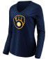 ფოტო #2 პროდუქტის Women's Navy Milwaukee Brewers Official Logo Long Sleeve V-Neck T-shirt