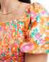 Wednesday's Girl bloom floral shirred bust smock dress in orange