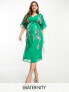 Hope & Ivy Maternity plunge front embroidered midi dress in green