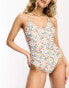 Pieces v neck swimsuit in white floral