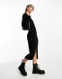 New Look v neck ribbed knitted midi dress with side split in black