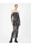 Maksi Transparan Straplez Elbise Astarlı Gotik Temalı Baskılı