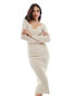 Фото #6 товара YAS ribbed bodycon knitted midi dress with tie neck in cream - CREAM