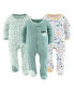 Green Dino Footed Baby Sleepers for Boys or Girls, 3-Pack,