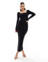 ASOS DESIGN long sleeve square neck midi dress with cross back detail in black