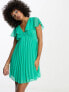 Фото #3 товара ASOS DESIGN flutter sleeve v neck pleat mini dress in emerald green