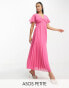 Фото #2 товара ASOS DESIGN Petite angel cape sleeve pleated hem maxi dress in hot pink