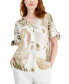 Фото #1 товара Women's 100% Linen Palm-Print Split-Neck Top, Created for Macy's