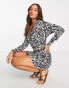 Фото #2 товара ASOS DESIGN textured long sleeve wrap mini dress with tortoise shell belt in mono zebra