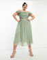 Фото #6 товара Little Mistress Plus Bridesmaids bardot mesh midi dress in sage green