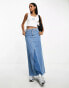 ASOS Weekend Collective low rise denim midi skirt in mid wash