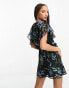 ASOS DESIGN wrap flutter sleeve mini tea dress in black floral