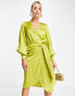 Фото #8 товара Never Fully Dressed satin wrap midi dress in olive green