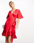 Фото #8 товара Flounce London wrap front mini satin dress with flutter sleeves in red