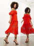 Фото #5 товара ASOS EDITION blouson off shoulder tiered broderie midi dress in tomato red