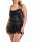 Jeanie Plus Size Satin Romper with Front Drape and Floral Eyelash Lace Trim
