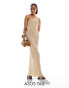 ASOS DESIGN Tall knitted crochet one shoulder maxi dress in stone