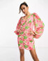 Pretty Lavish balloon sleeve button mini dress in pink floral