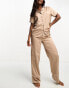 Loungeable bridesmaid satin short sleeve revere shirt and trouser in taupe