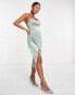 Фото #6 товара ASOS DESIGN Petite one shoulder satin drape corset detail midi dress in dark sage