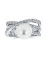 ფოტო #1 პროდუქტის Geometric Criss Cross Pave CZ Solitaire White Simulated Pearl Fashion Statement Ring For Women Rhodium Plated Brass