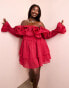 Фото #2 товара ASOS LUXE Curve off shoulder frill mini dress with wired hem & corsetted waist in Burgundy