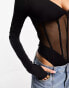 We Are We Wear fishnet and micro v-neck bodysuit with long sleeves in black