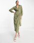 Фото #2 товара ASOS DESIGN collared midi dress ruched tie waist in khaki