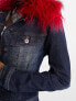 COLLUSION Y2K wash cropped denim jacket co-ord with detachable red fur trim in dark blue