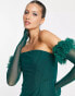 Фото #4 товара Rare London bandeau corset midi bodycon dress with faux feather gloves in green